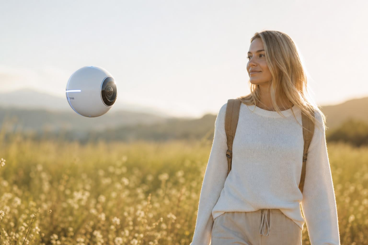 Orriion flying orb companion gently following a woman walking through a sunlit meadow