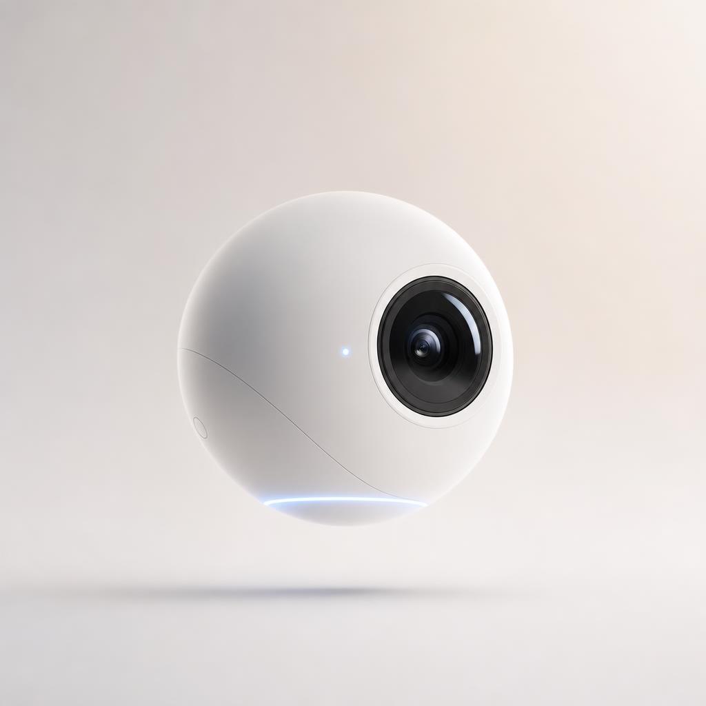 Orriion orb product, smooth white sphere with a glass lens